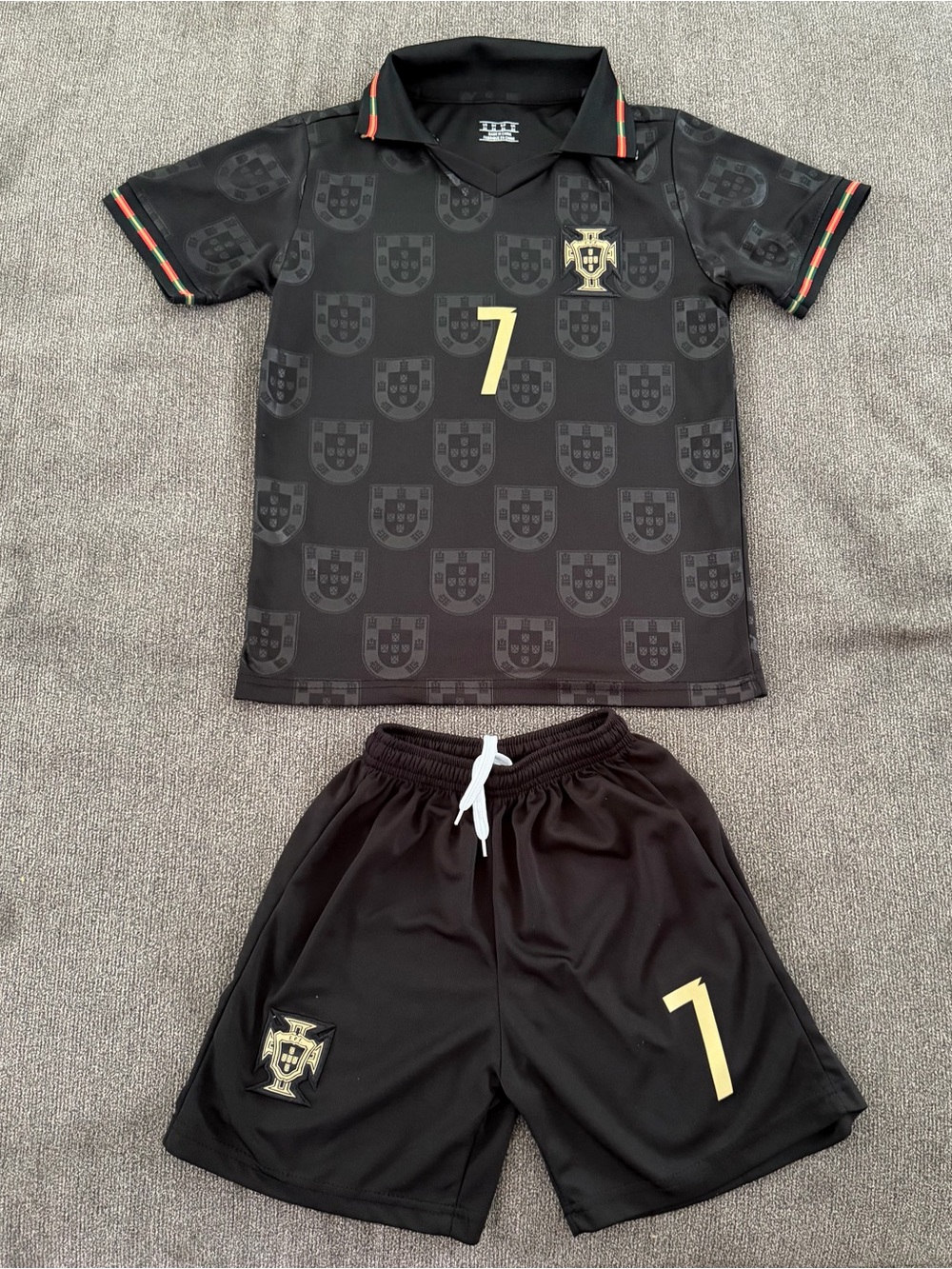 Portugal Custom Christian Ronaldo #7 Kids Jersey & Shorts Set Black and Gold